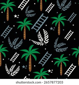 Cute seamless pattern .Tropical  pattern with flowers and palm trees on a background Colorful design for kids cloth, wallpaper, and any backgrounds. Repeating Pattern for Child.
