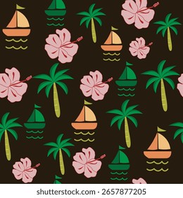 Patrón inconsútil lindo. Patrón tropical con las flores y las palmeras en un fondo Diseño colorido para el paño de los niños, el Fondo de pantalla, y cualquier fondo. Patrón de repetición para el niño.

