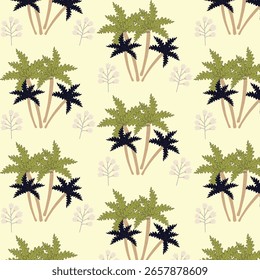 Nettes, nahtloses Muster .Tropisches Muster mit Blumen und Palmen auf einem Hintergrund Farbiges Design für Kindertuch, Tapete und jeden Hintergrund. Wiederholungsmuster für untergeordnetes Element.
