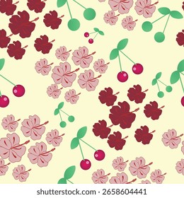 Niedliches nahtloses Muster .Tropisches Muster mit Blumen , Kirschen und Wassermelone auf einem Hintergrund Farbiges Design für Kindertuch, Fliese, Tapete, Stoff, Textil, Karten, Abdeckungen, Banner, Branding 
