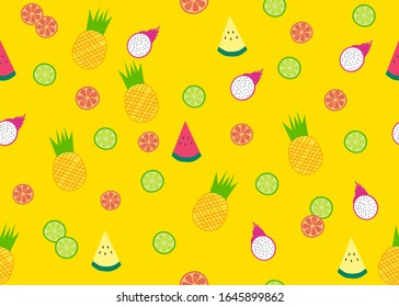 Cute seamless pattern of tropical fruit isolated on yellow background. There’re various colorful fruits. Graphic design for decorating, wallpaper, fabric and etc.