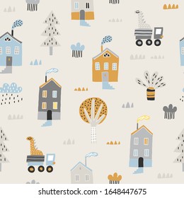 Cute seamless pattern with truck, houses and trees. Baby seamless pattern. Creative vector childish background for fabric, textile, nursery wallpaper. Scandinavian style.