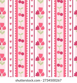Cute seamless pattern with tulips, cherries and hearts. Valentine’s Day design for fabric, wallpaper, paper in pink and red colors. Funny bright background In vector.