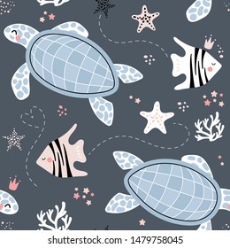 Cute seamless pattern with turtles and fish. Sea children vector background. Fish, turtles, starfish. Printing on fabric, clothing, wallpaper, paper.