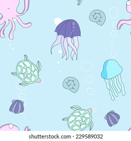Cute seamless pattern with turtles, jellyfishes and shells