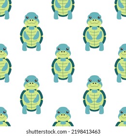 cute seamless pattern with turtles on white background, marine reptiles in flat style, cartoon vector illustration with pet for decor and design, textiles, wallpaper