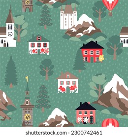 Cute seamless pattern with typical Swiss landscape with houses. Hand drawn Switzerland. Traditional village.