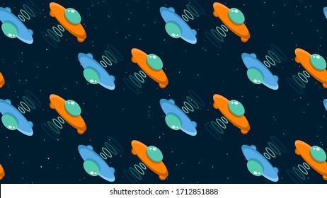 Cute Seamless Pattern with UFO spaceships. flying saucers. UFO. Repeated Pattern. Illustration, great for wallpper, textile and texture design. Kids design, fabric, wrapping, apparel.