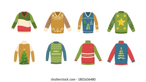 Cute seamless pattern with ugly Christmas sweaters. Fun New Year wear. Collection handmade Christmas sweater. Can be used for party invitation, greeting card, web design. Vector illustration, eps 10.