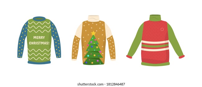 Cute seamless pattern with ugly Christmas sweaters. Fun New Year wear. Collection handmade Christmas sweater. Can be used for party invitation, greeting card, web design. Vector illustration, eps 10.