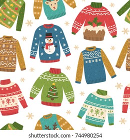 Cute seamless pattern with ugly Christmas sweaters. 