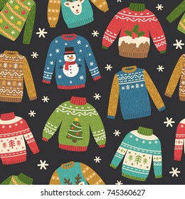 Cute seamless pattern with ugly Christmas sweaters. Vector repeating background. 