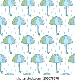 Cute seamless pattern with umbrellas and raindrops
