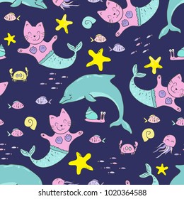 cute seamless pattern Under the sea, with cat mermaid, dolphin, fish and shell. pattern in pastel colors for children's clothing, textiles, wrapping paper. prints. girlish background