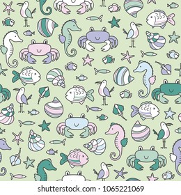 Cute seamless pattern with underwater life for kids. Vector bright background. 
