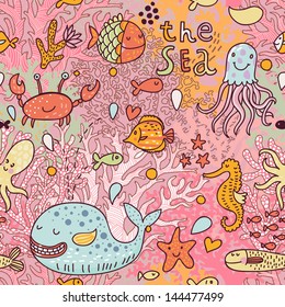 Cute seamless pattern with underwater live: fishes, whale, crab, starfish, octopus, jellyfish, sea horse and corals. Vector tropical background in pink and red colors. The sea travel design.