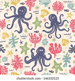 Cute seamless pattern with underwater live: octopus, starfish, fish. Vector tropical background