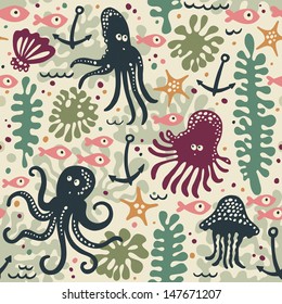 Cute seamless pattern with underwater live: octopus, starfish, fish, jellyfish.
