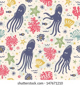Cute seamless pattern with underwater live: squid, cuttlefish, starfish, fish.