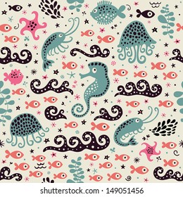 Cute seamless pattern with underwater live: jellyfish, shrimp, prawns, sea horse, fish, waves, algae.