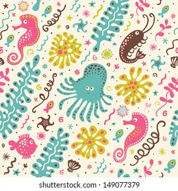 Cute seamless pattern with underwater live: jellyfish, prawns, shrimp, starfish, fish, algae. Vector sea background