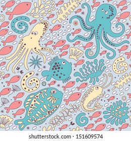 Cute seamless pattern with underwater live: octopus, starfish, shrimp, squid, fish. Vector tropical background.