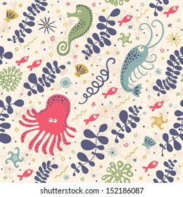 Cute seamless pattern with underwater live: sea ??horse, starfish, fish, jellyfish, shrimp. Vector tropical background