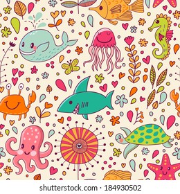 Cute seamless pattern with underwater live: fishes, whale, crab, starfish, octopus, jellyfish, sea horse and shark. Vector tropical background. The sea travel design.