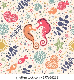 Cute seamless pattern with underwater live: starfish, fish, sea horse, shells, algae. Vector sea background.