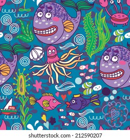 Cute seamless pattern of underwater live. The sea travel design.
