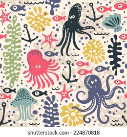 Cute seamless pattern with underwater live: octopus, starfish, squid, jellyfish. Vector tropical background.