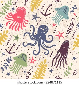 Cute seamless pattern with underwater live: octopus, starfish, squid, jellyfish. Vector tropical background.