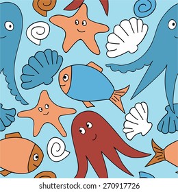Cute seamless pattern with underwater live: octopus, starfish, fish. Vector tropical background
