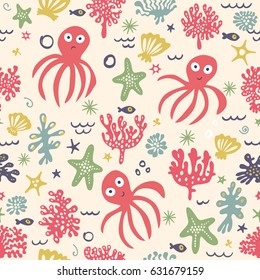 Cute seamless pattern with underwater live: octopus, starfish, fish, corals, seaweed. Vector tropical background.