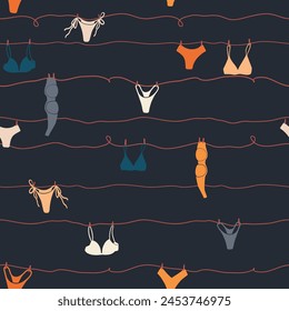 Cute seamless pattern with underwear hanging on a string. Swimsuit, bikini, panties, bra in summer day. Summer time vacation and travel aesthetic. Groovy and fun vector tropical background