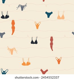 Cute seamless pattern with underwear hanging on a string. Swimsuit, bikini, panties, bra in summer day. Summer time vacation and travel aesthetic. Groovy and fun vector tropical background