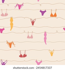 Cute seamless pattern with underwear hanging on a string. Swimsuit, bikini, panties, bra in summer day. Summer time vacation and travel aesthetic. Groovy and fun vector tropical background