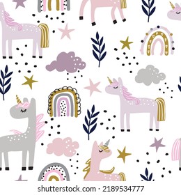 Cute seamless pattern with unicorn, clouds, rainbows, stars, leaves, dots on white background suitable for textile design, wallpaper or print.