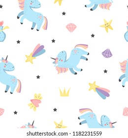 Cute seamless pattern with unicorn and magic items. Perfect for wrapping presents, scrapbook pages, cards or party decorations. Vector illustration.