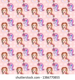 Cute seamless pattern with unicorn and pretty girl. Girl with colorful unicorn hair