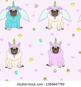 cute seamless pattern with unicorn pug dogs, paw print, stars and hearts, transparent background