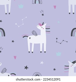 Rein nahtloses Muster mit Einhorn, Sternen und Regenbogen auf violettem Hintergrund. Vektorgrafik zum Bedrucken auf Stoff, Umhüllungspapier. Geräumiger Babyhintergrund für Mädchen.