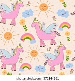 Cute seamless pattern with unicorn, sun, cloud and rainbow. Vector childish background