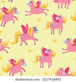 Cute seamless pattern with unicorn. Vector fantasy animal - Magical horn. Colorful kids ornament