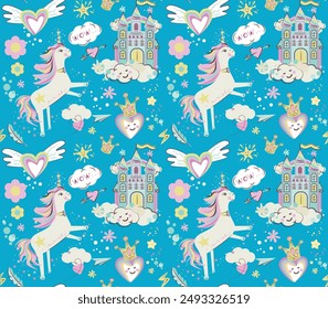 Cute seamless pattern with unicorns and castles. Vector illustration.