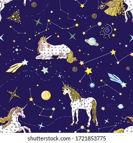 Cute seamless pattern with unicorns and cosmic elements: constellations, zodiacs, planets, comets on the blue background. Vector endless texture for print, design and decoration