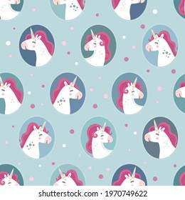 Cute seamless pattern with unicorns. Great for wrapping paper, baby fabric, textile, wallpaper, nursery room, scrapbooking or party decoration. Kids cartoon vector background. 