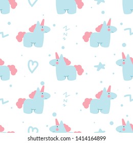 Cute seamless pattern with unicorns, hearts, stars, zigzags, dots. White background. Doodle style illustration. Vector.