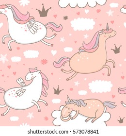 Cute seamless pattern with unicorns and Pegasus in the clouds. Vector illustration.