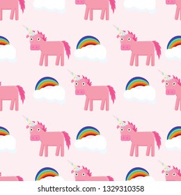 cute seamless pattern with unicorns and rainbow in the clouds